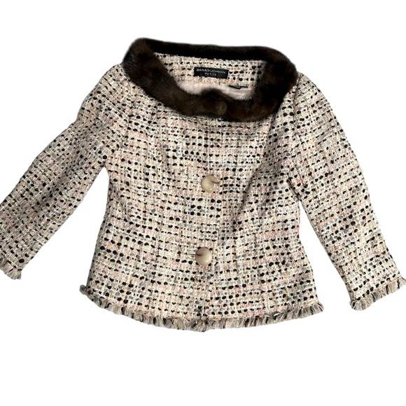 A370 Dana Buchman Mink Fur Trim Tweed Jacket Sz 4P Brown Pink Cream Luxury - Picture 1 of 10